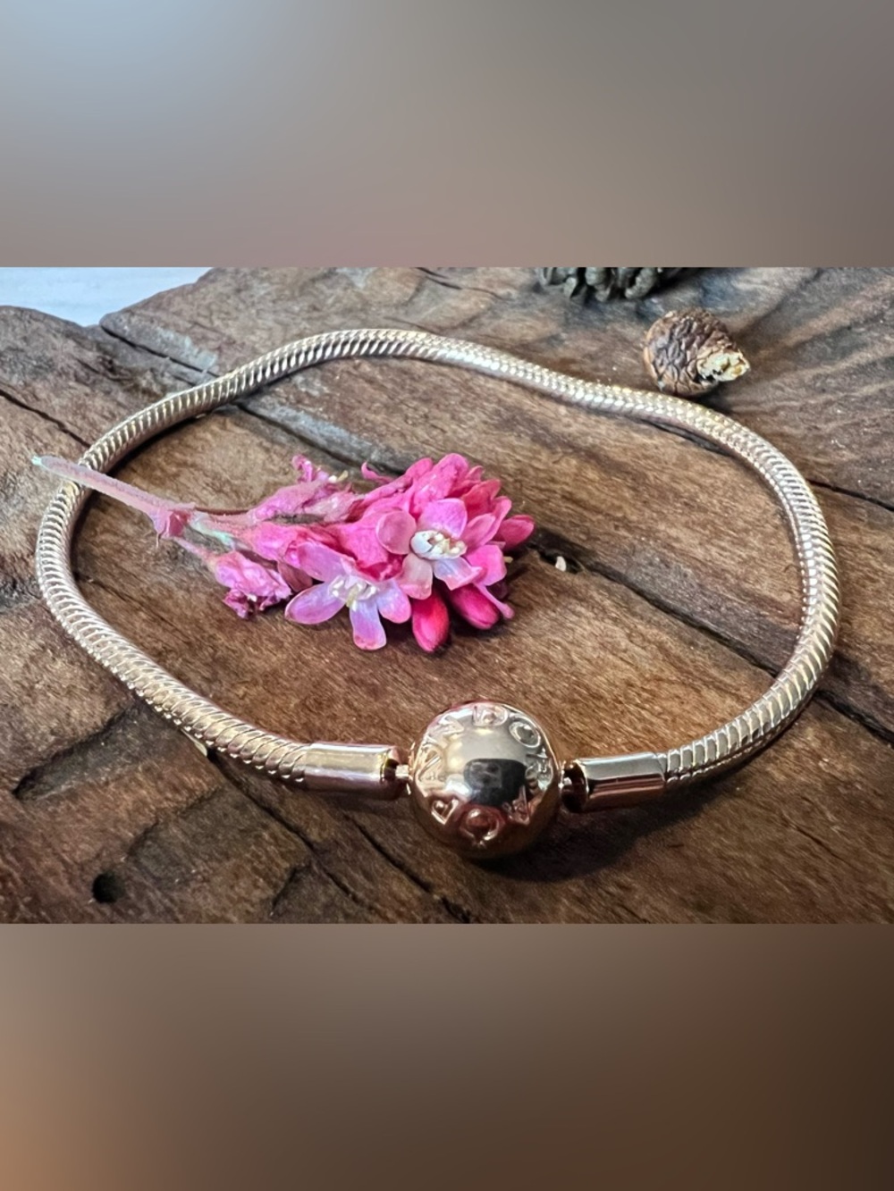 Authentic Pandora Rose Gold Bracelet Smooth Round Clasp Snake Chain MET XL 21cm